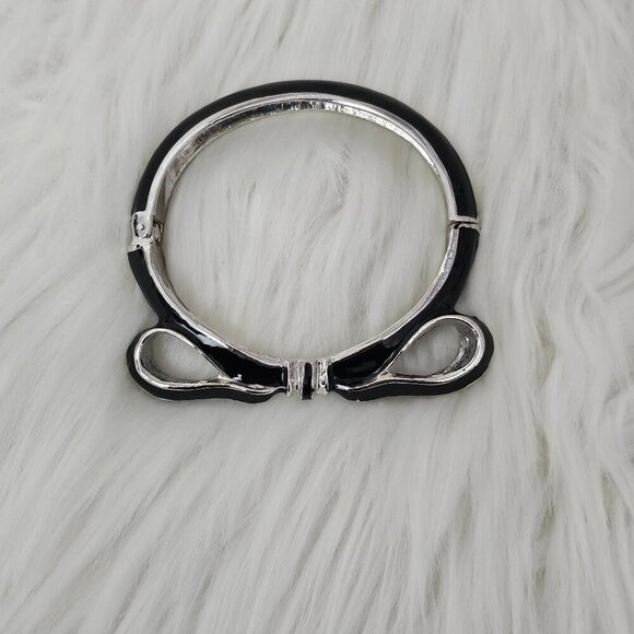 Vintage Bow Y2K Black And Silver Tone Hinged Bangle Bracelet - Picture 3 of 7